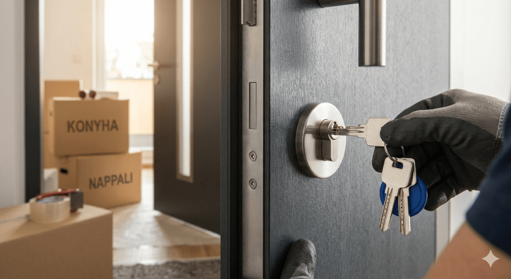 Költöztető dobozok a háttérben és egy szakember, aki éppen egy modern bejárati ajtó zárját cseréli ki kulccsal.